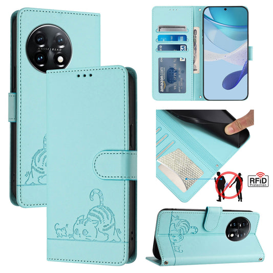 OnePlus 11 Cat and Rat Embossed Pattern, RFID Leather Phone Case with Lanyard, Kickstand, and Wallet Features