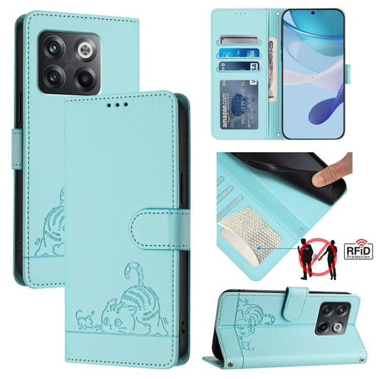 OnePlus Ace Pro 5G Cat and Rat Embossed Pattern, RFID Leather Phone Case with Lanyard, Kickstand, and Wallet Features