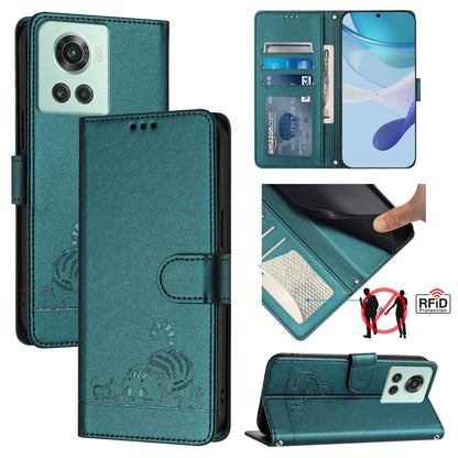 OnePlus ACE Cat and Rat Embossed Pattern, RFID Leather Phone Case with Lanyard, Kickstand, and Wallet Features