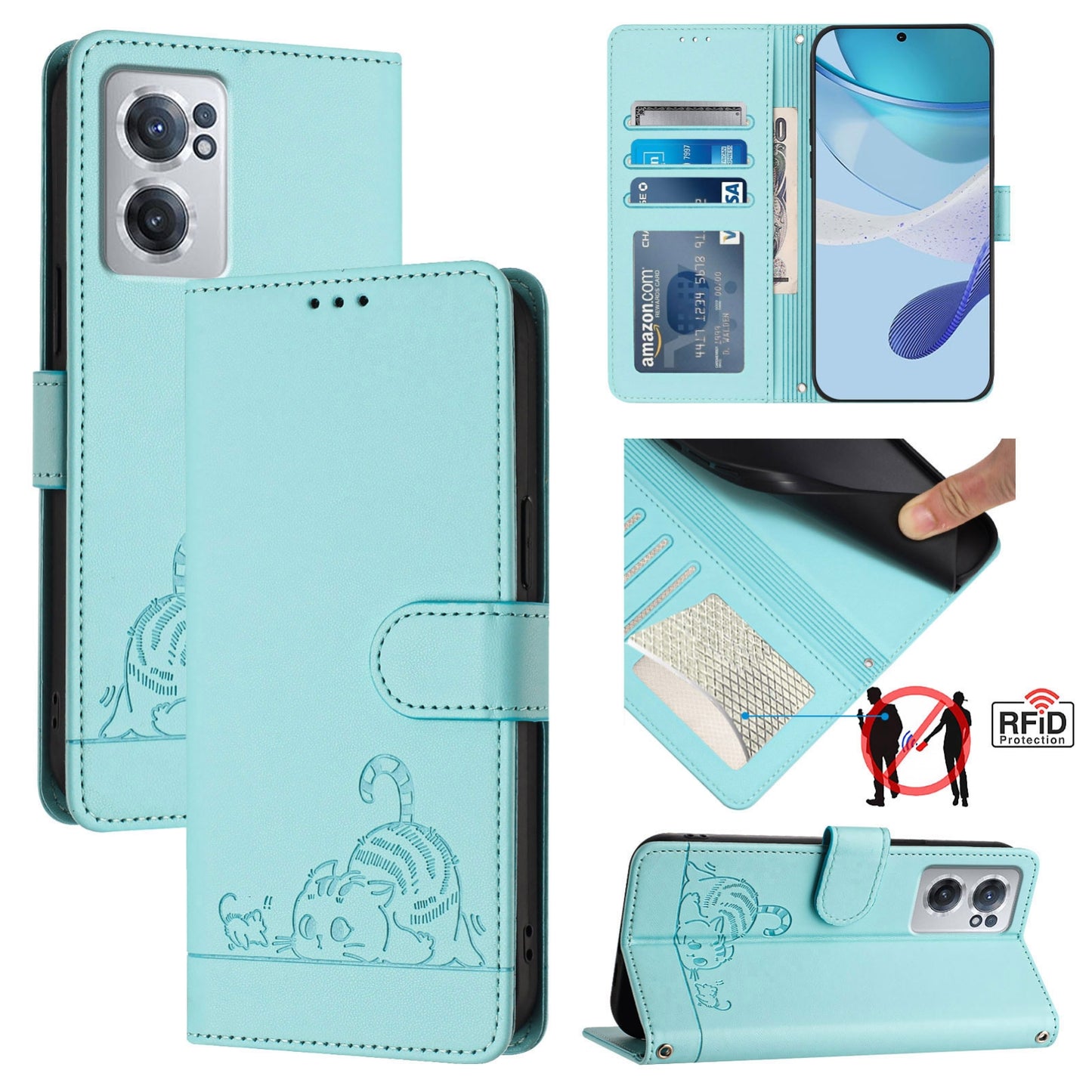 OnePlus Nord CE 2 5G Cat and Rat Embossed Pattern, RFID Leather Phone Case with Lanyard, Kickstand, and Wallet Features