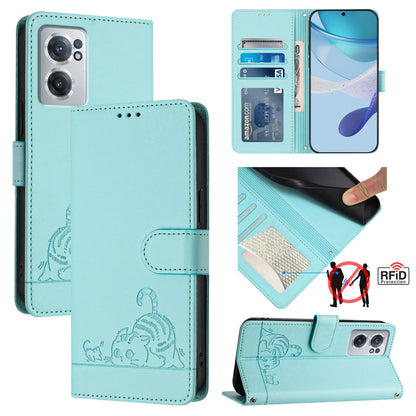 OnePlus Nord CE 2 5G Cat and Rat Embossed Pattern, RFID Leather Phone Case with Lanyard, Kickstand, and Wallet Features