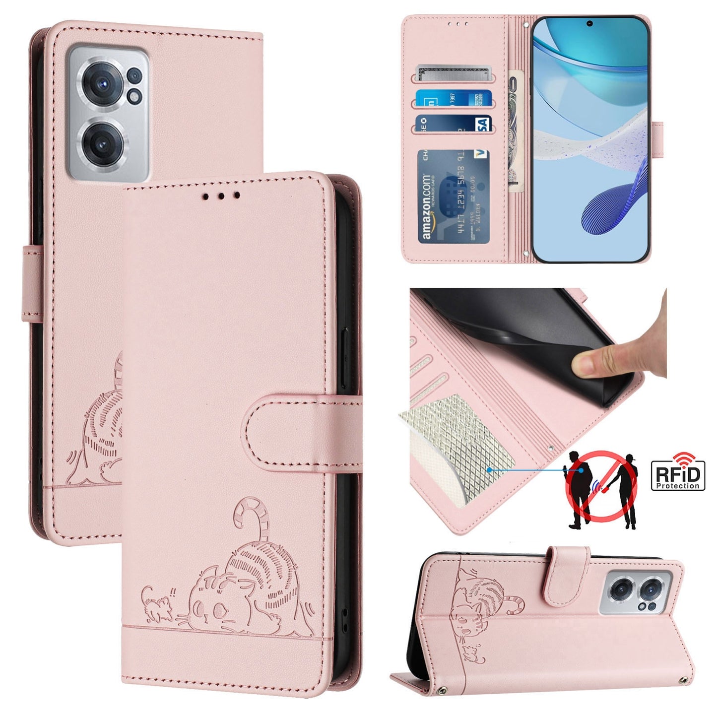 OnePlus Nord CE 2 5G Cat and Rat Embossed Pattern, RFID Leather Phone Case with Lanyard, Kickstand, and Wallet Features