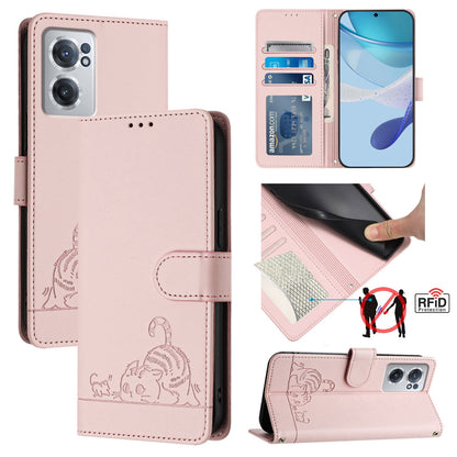 OnePlus Nord CE 2 5G Cat and Rat Embossed Pattern, RFID Leather Phone Case with Lanyard, Kickstand, and Wallet Features