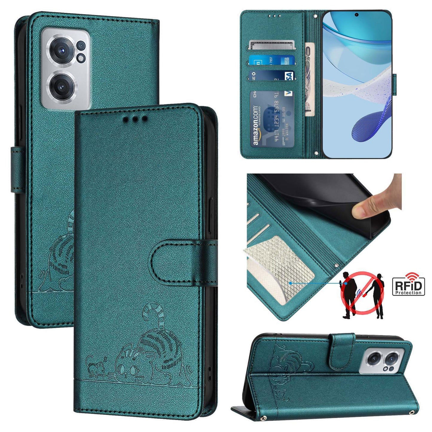 OnePlus Nord CE 2 5G Cat and Rat Embossed Pattern, RFID Leather Phone Case with Lanyard, Kickstand, and Wallet Features