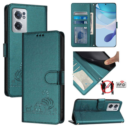 OnePlus Nord CE 2 5G Cat and Rat Embossed Pattern, RFID Leather Phone Case with Lanyard, Kickstand, and Wallet Features