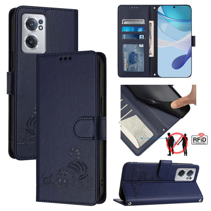 OnePlus Nord CE 2 5G Cat and Rat Embossed Pattern, RFID Leather Phone Case with Lanyard, Kickstand, and Wallet Features