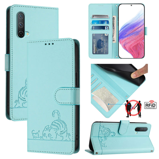 OnePlus Nord CE 5G Cat and Rat Embossed Pattern, RFID Leather Phone Case with Lanyard, Kickstand, and Wallet Features