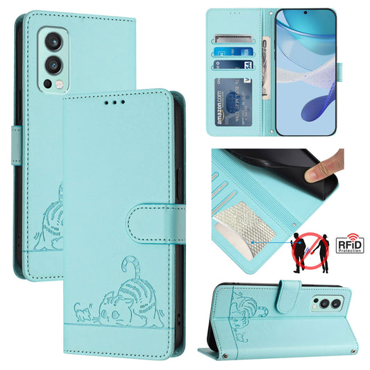 OnePlus Nord 2 Cat and Rat Embossed Pattern, RFID Leather Phone Case with Lanyard, Kickstand, and Wallet Features