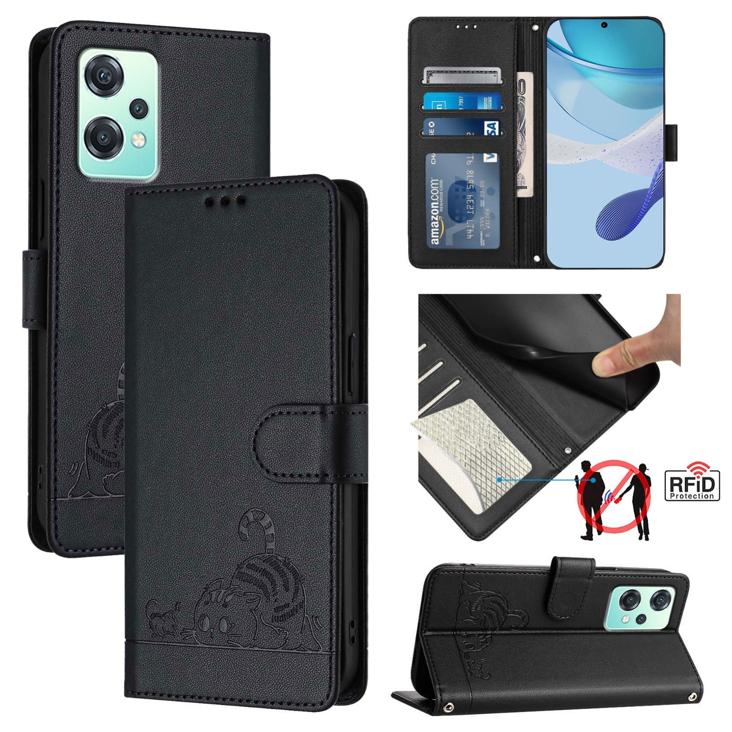 OnePlus Nord 2 Lite Cat and Rat Embossed Pattern, RFID Leather Phone Case with Lanyard, Kickstand, and Wallet Features