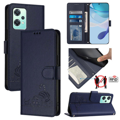 OnePlus Nord 2 Lite Cat and Rat Embossed Pattern, RFID Leather Phone Case with Lanyard, Kickstand, and Wallet Features