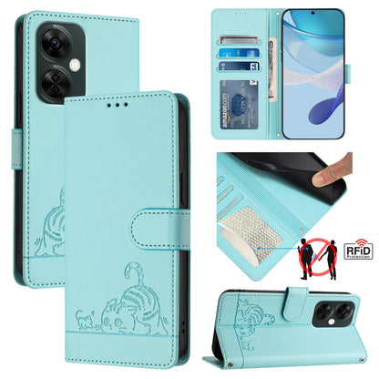 OnePlus Nord CE 3 Lite 5G Cat and Rat Embossed Pattern, RFID Leather Phone Case with Lanyard, Kickstand, and Wallet Features
