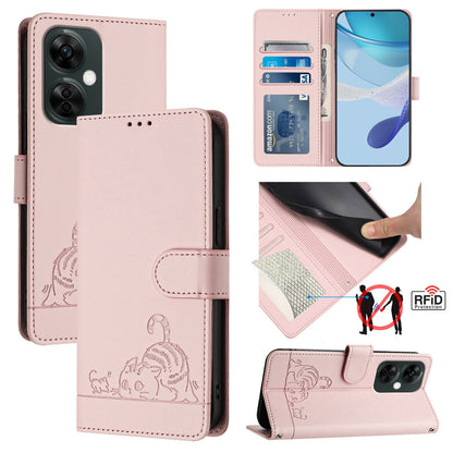 OnePlus Nord CE 3 Lite 5G Cat and Rat Embossed Pattern, RFID Leather Phone Case with Lanyard, Kickstand, and Wallet Features