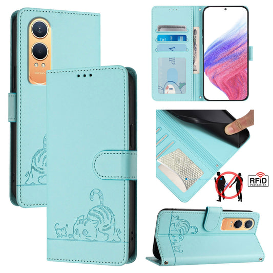 OnePlus Nord CE4 Lite Cat and Rat Embossed Pattern, RFID Leather Phone Case with Lanyard, Kickstand, and Wallet Features