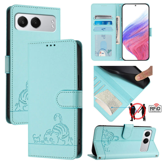 OnePlus Nord 4 5G Cat and Rat Embossed Pattern, RFID Leather Phone Case with Lanyard, Kickstand, and Wallet Features