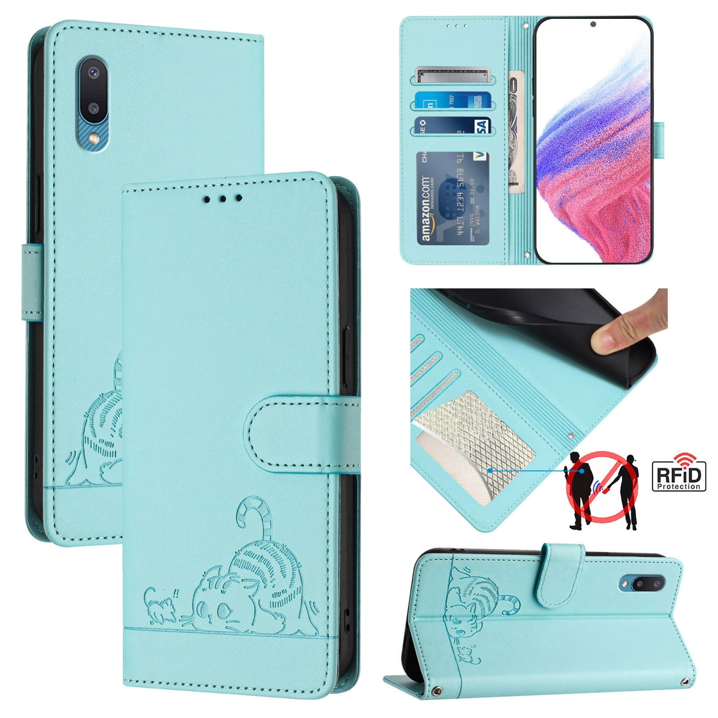 Samsung Galaxy M02 Cat and Rat Embossed Pattern, RFID Leather Phone Case with Lanyard, Kickstand, and Wallet Features