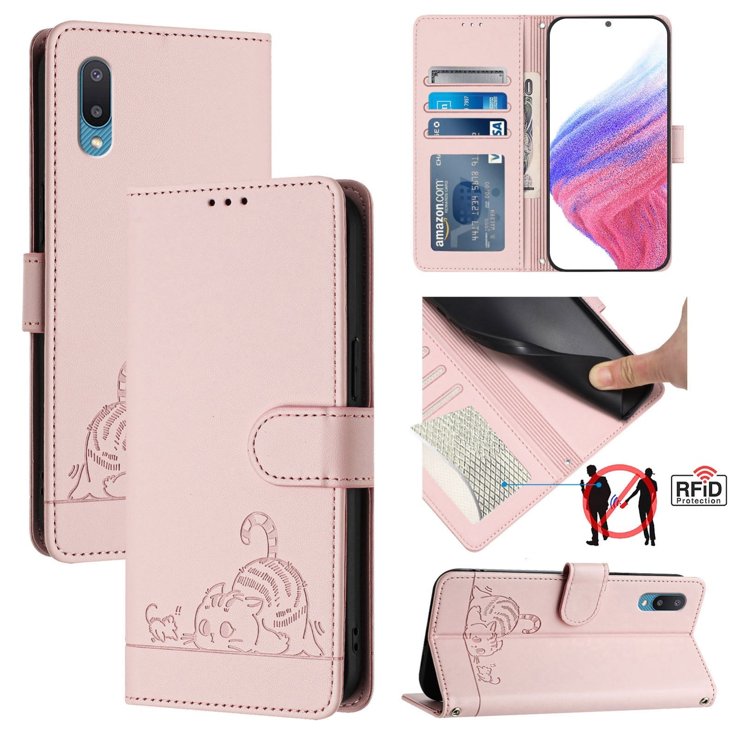 Samsung Galaxy M02 Cat and Rat Embossed Pattern, RFID Leather Phone Case with Lanyard, Kickstand, and Wallet Features