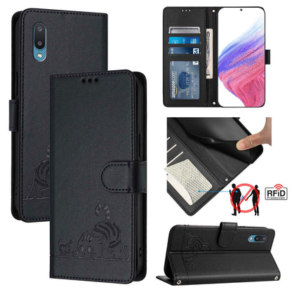 Samsung Galaxy M02 Cat and Rat Embossed Pattern, RFID Leather Phone Case with Lanyard, Kickstand, and Wallet Features