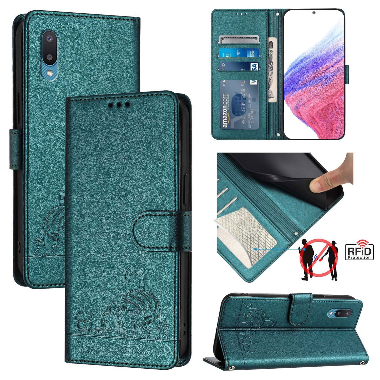 Samsung Galaxy M02 Cat and Rat Embossed Pattern, RFID Leather Phone Case with Lanyard, Kickstand, and Wallet Features