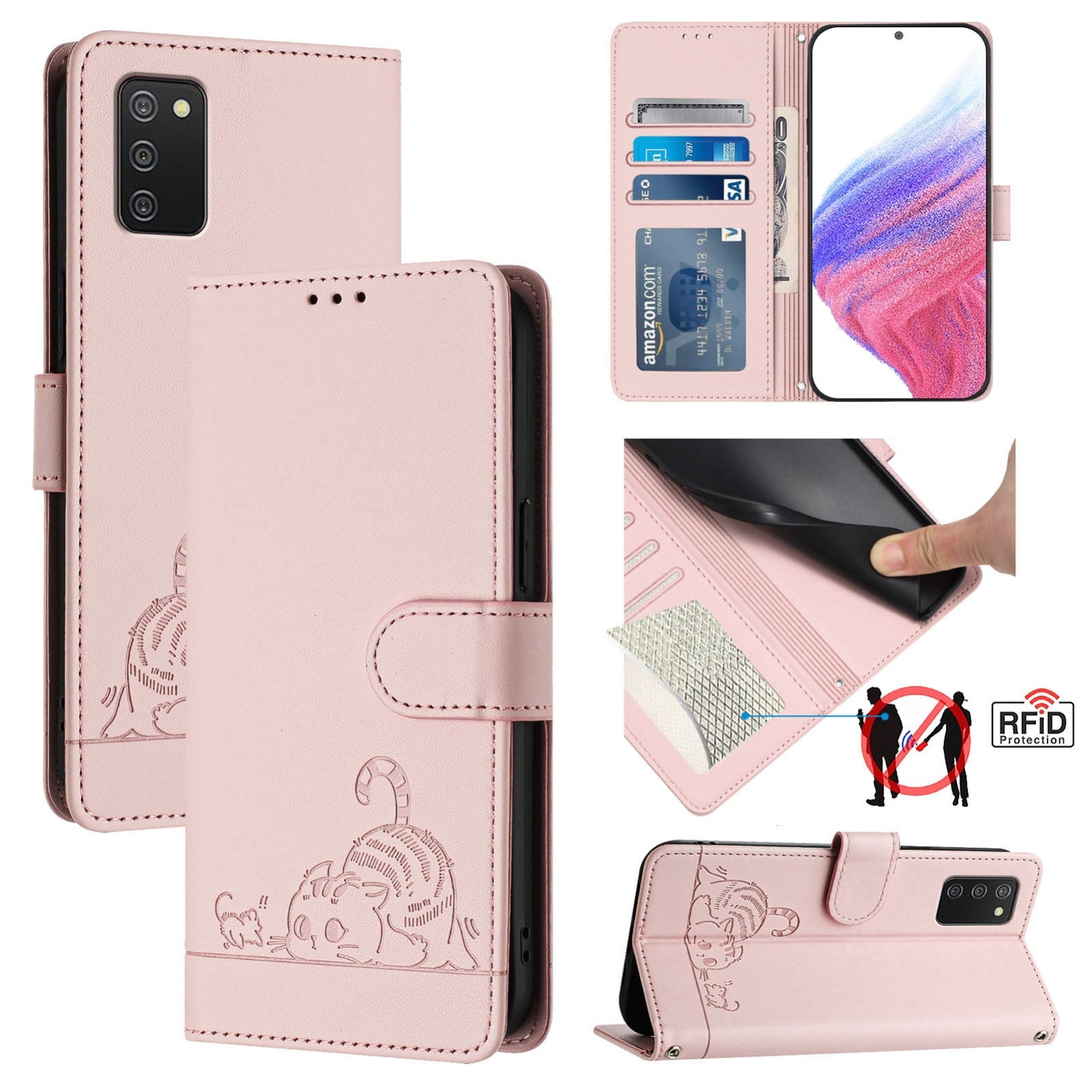 Samsung Galaxy A02s 164mm Cat and Rat Embossed Pattern, RFID Leather Phone Case with Lanyard, Kickstand, and Wallet Features