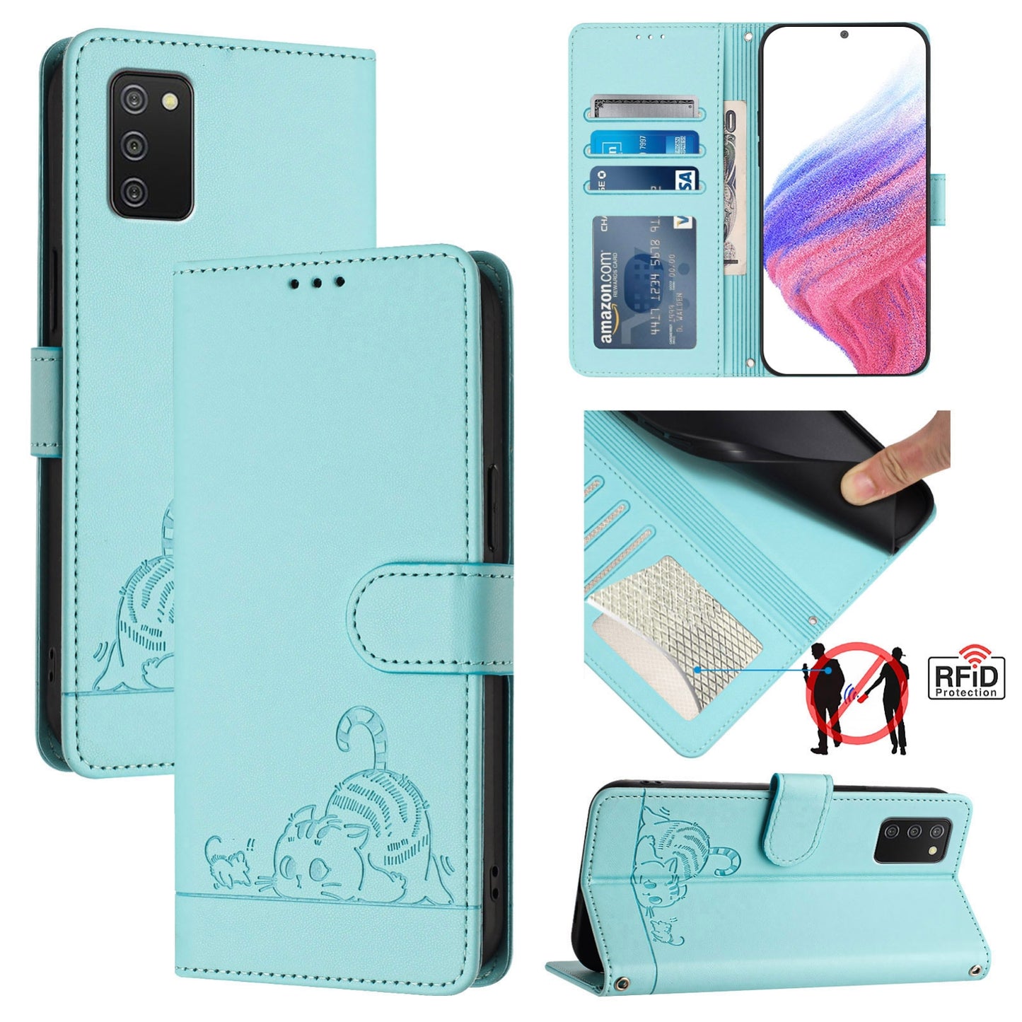 Samsung Galaxy A02s 166mm Cat and Rat Embossed Pattern, RFID Leather Phone Case with Lanyard, Kickstand, and Wallet Features