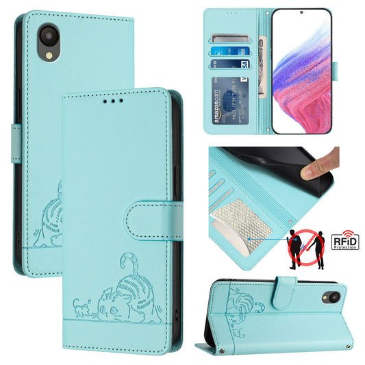 Samsung Galaxy A03 Core 4G Cat and Rat Embossed Pattern, RFID Leather Phone Case with Lanyard, Kickstand, and Wallet Features
