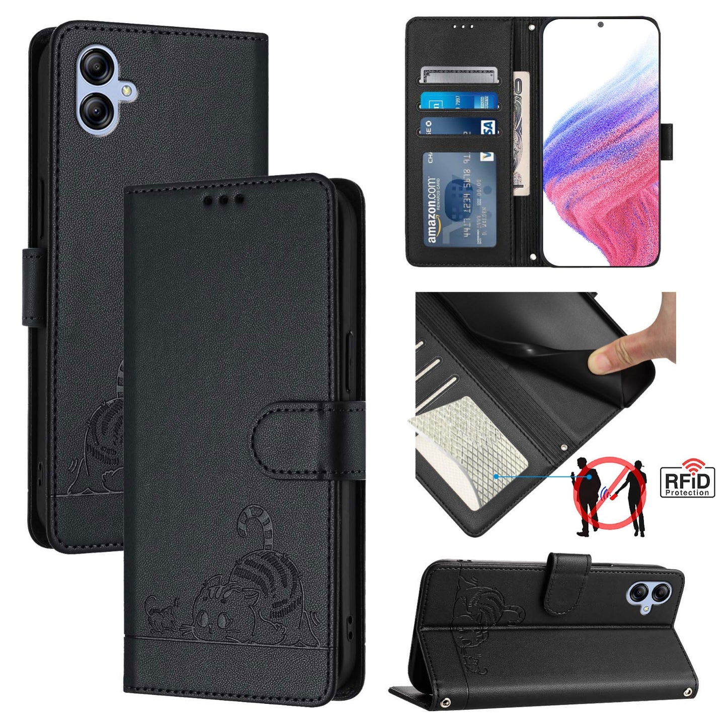 Samsung Galaxy F04 4G Cat and Rat Embossed Pattern, RFID Leather Phone Case with Lanyard, Kickstand, and Wallet Features