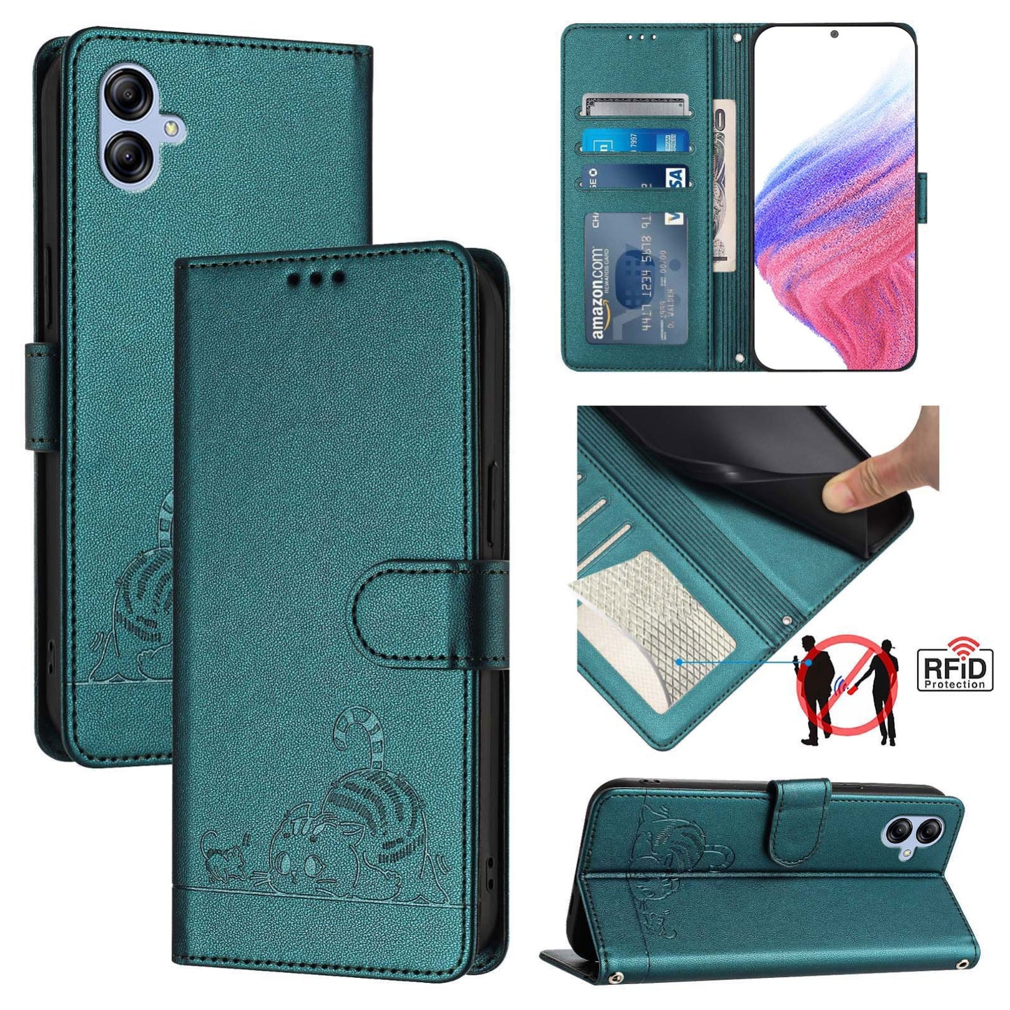 Samsung Galaxy F04 4G Cat and Rat Embossed Pattern, RFID Leather Phone Case with Lanyard, Kickstand, and Wallet Features