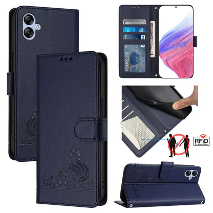 Samsung Galaxy F04 4G Cat and Rat Embossed Pattern, RFID Leather Phone Case with Lanyard, Kickstand, and Wallet Features