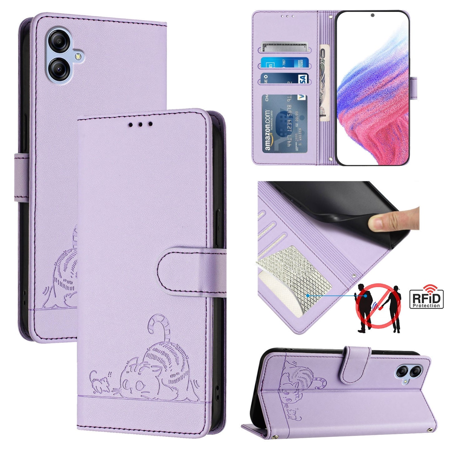 Samsung Galaxy F04 4G Cat and Rat Embossed Pattern, RFID Leather Phone Case with Lanyard, Kickstand, and Wallet Features