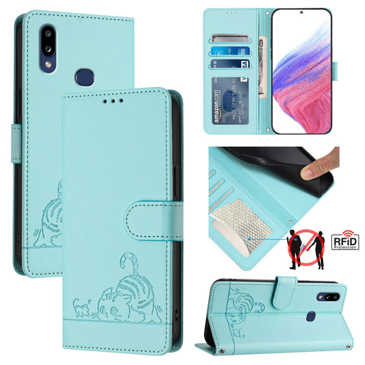 Samsung Galaxy A10s Cat and Rat Embossed Pattern, RFID Leather Phone Case with Lanyard, Kickstand, and Wallet Features
