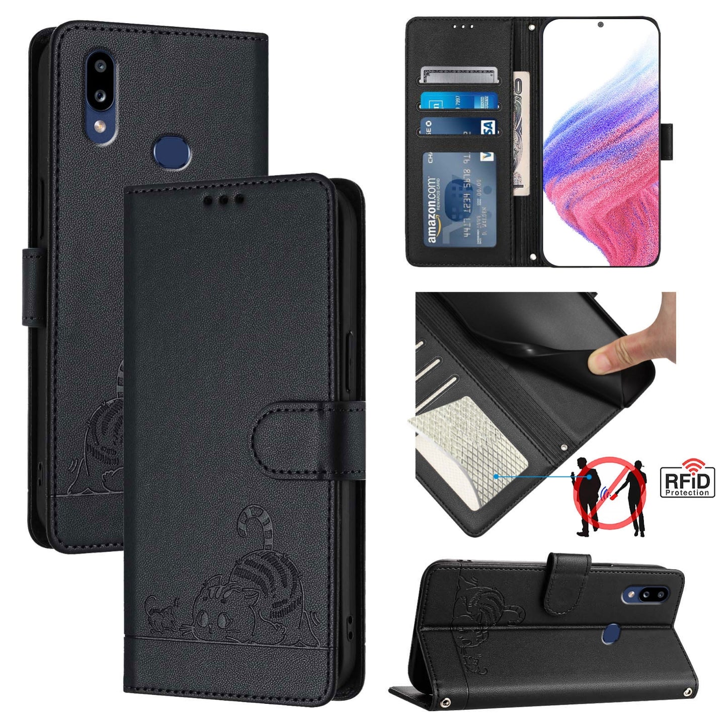 Samsung Galaxy M01s Cat and Rat Embossed Pattern, RFID Leather Phone Case with Lanyard, Kickstand, and Wallet Features