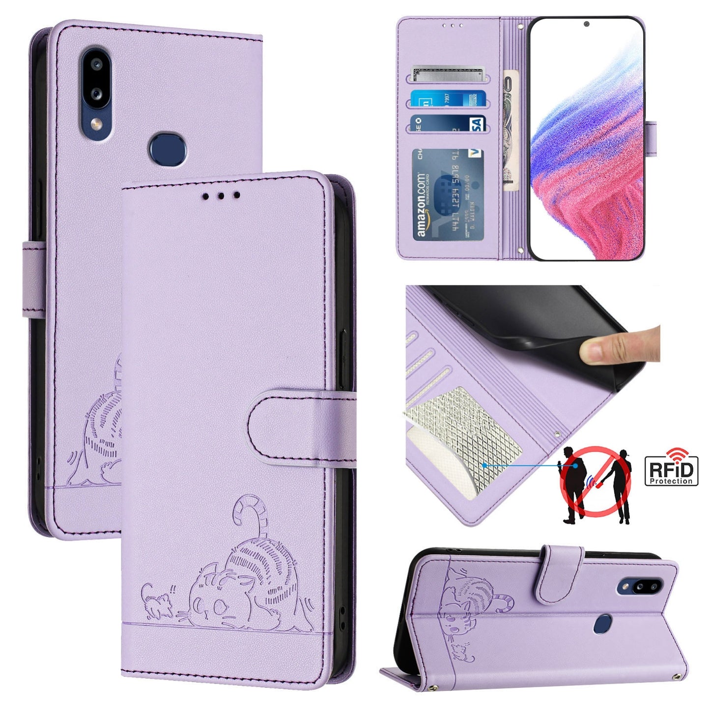 Samsung Galaxy M01s Cat and Rat Embossed Pattern, RFID Leather Phone Case with Lanyard, Kickstand, and Wallet Features