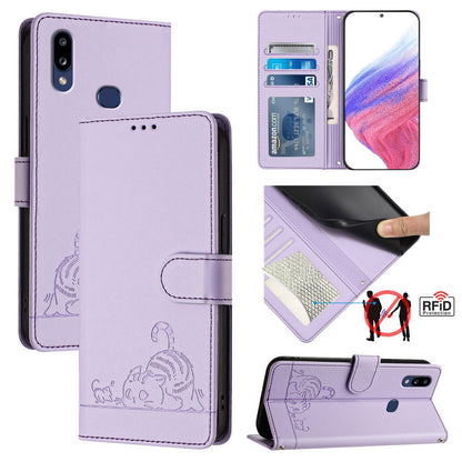 Samsung Galaxy M01s Cat and Rat Embossed Pattern, RFID Leather Phone Case with Lanyard, Kickstand, and Wallet Features