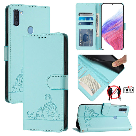 Samsung Galaxy A11 EU Version Cat and Rat Embossed Pattern, RFID Leather Phone Case with Lanyard, Kickstand, and Wallet Features