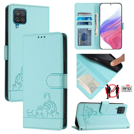 Samsung Galaxy A12 Cat and Rat Embossed Pattern, RFID Leather Phone Case with Lanyard, Kickstand, and Wallet Features