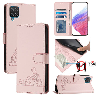 Samsung Galaxy M12 Cat and Rat Embossed Pattern, RFID Leather Phone Case with Lanyard, Kickstand, and Wallet Features