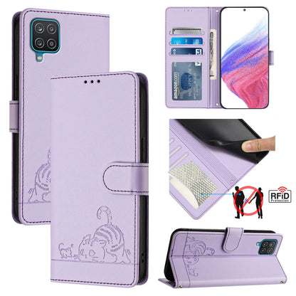 Samsung Galaxy M12 Cat and Rat Embossed Pattern, RFID Leather Phone Case with Lanyard, Kickstand, and Wallet Features