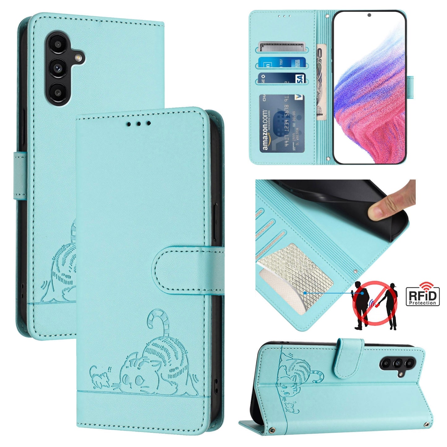 Samsung Galaxy A13 5G Cat and Rat Embossed Pattern, RFID Leather Phone Case with Lanyard, Kickstand, and Wallet Features