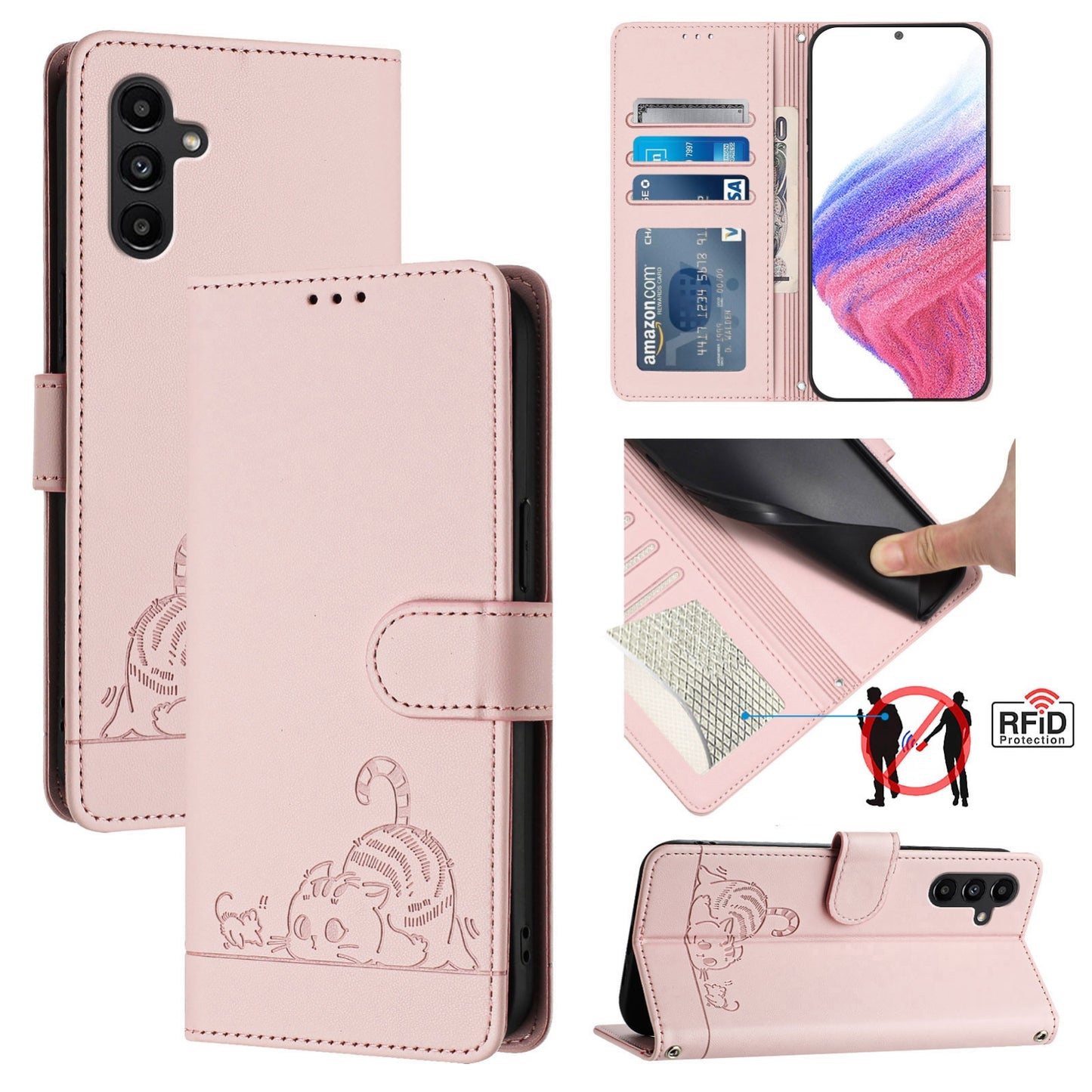 Samsung Galaxy A04s Cat and Rat Embossed Pattern, RFID Leather Phone Case with Lanyard, Kickstand, and Wallet Features