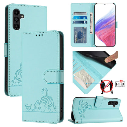 Samsung Galaxy M13 5G Cat and Rat Embossed Pattern, RFID Leather Phone Case with Lanyard, Kickstand, and Wallet Features