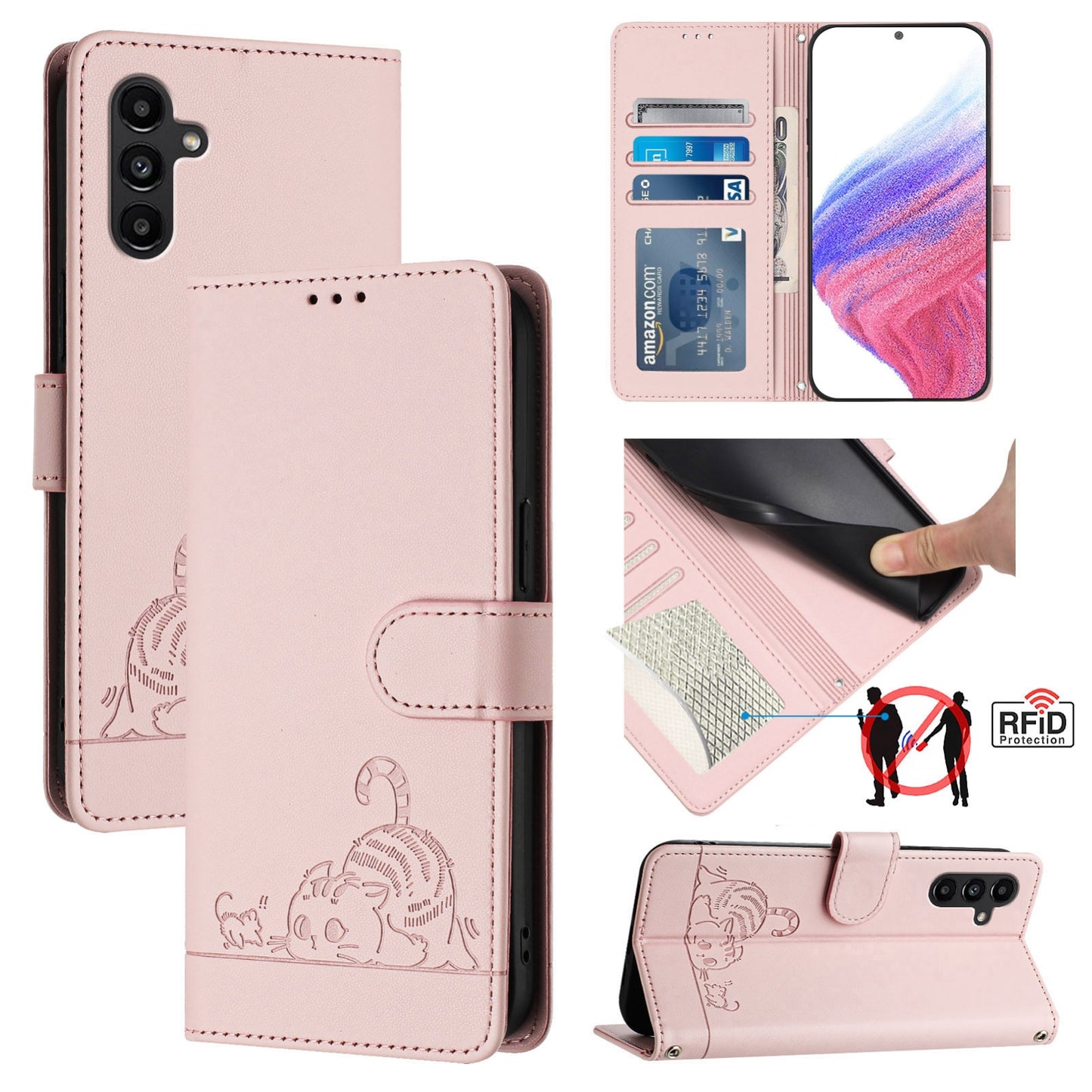 Samsung Galaxy M13 5G Cat and Rat Embossed Pattern, RFID Leather Phone Case with Lanyard, Kickstand, and Wallet Features