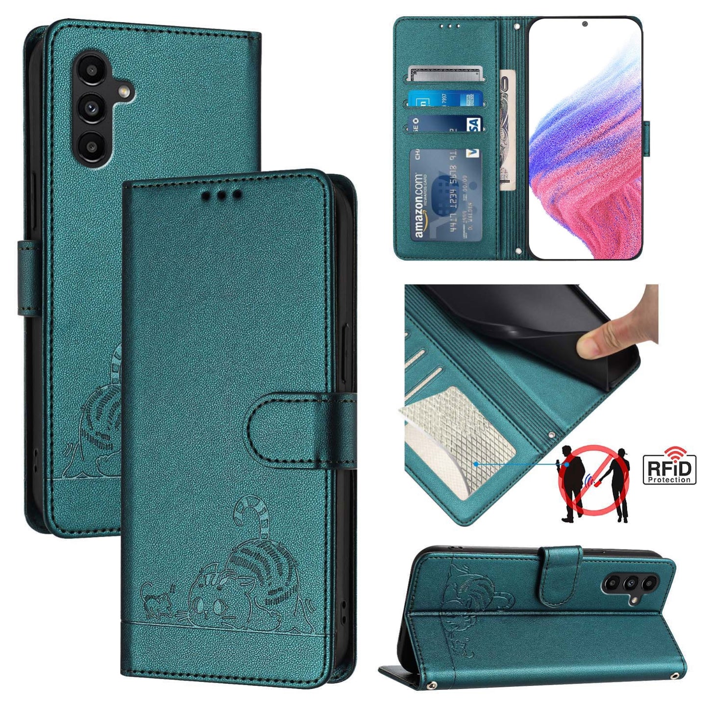 Samsung Galaxy M13 5G Cat and Rat Embossed Pattern, RFID Leather Phone Case with Lanyard, Kickstand, and Wallet Features