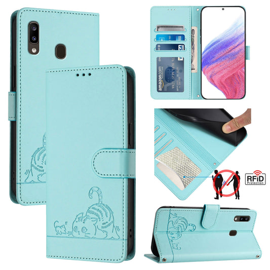 Samsung Galaxy A20 Cat and Rat Embossed Pattern, RFID Leather Phone Case with Lanyard, Kickstand, and Wallet Features