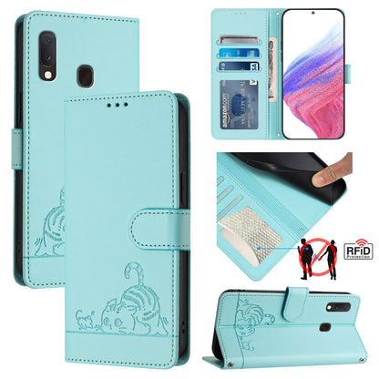 Samsung Galaxy A10e Cat and Rat Embossed Pattern, RFID Leather Phone Case with Lanyard, Kickstand, and Wallet Features