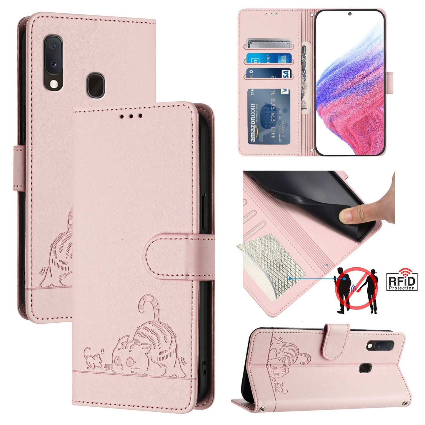 Samsung Galaxy A10e Cat and Rat Embossed Pattern, RFID Leather Phone Case with Lanyard, Kickstand, and Wallet Features