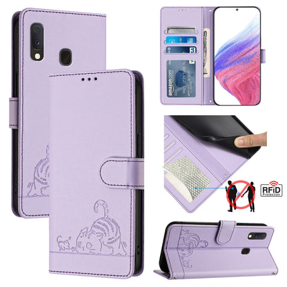Samsung Galaxy A10e Cat and Rat Embossed Pattern, RFID Leather Phone Case with Lanyard, Kickstand, and Wallet Features