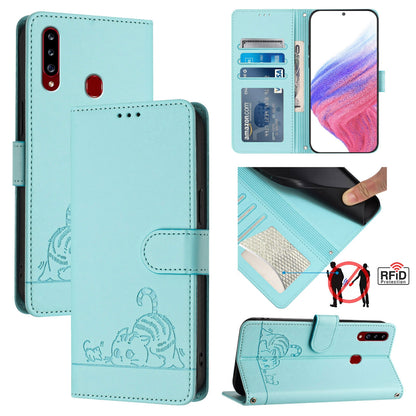 Samsung Galaxy A20s Cat and Rat Embossed Pattern, RFID Leather Phone Case with Lanyard, Kickstand, and Wallet Features