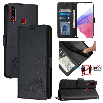 Samsung Galaxy A20s Cat and Rat Embossed Pattern, RFID Leather Phone Case with Lanyard, Kickstand, and Wallet Features