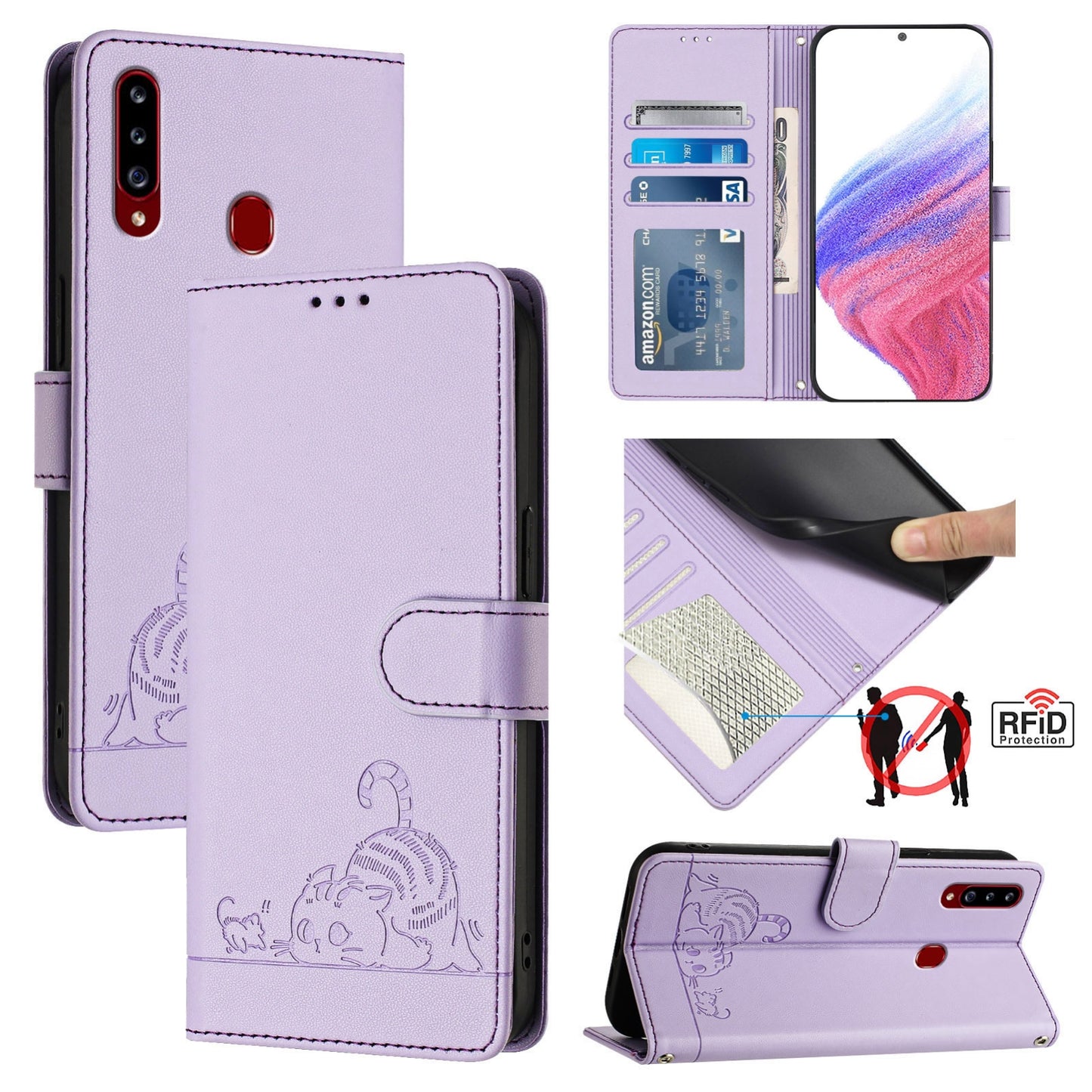 Samsung Galaxy A20s Cat and Rat Embossed Pattern, RFID Leather Phone Case with Lanyard, Kickstand, and Wallet Features