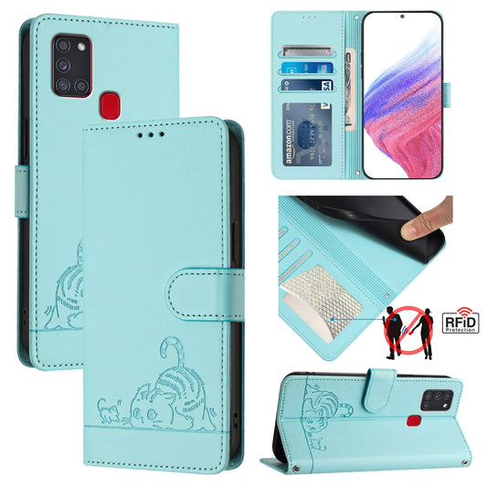 Samsung Galaxy A21s Cat and Rat Embossed Pattern, RFID Leather Phone Case with Lanyard, Kickstand, and Wallet Features